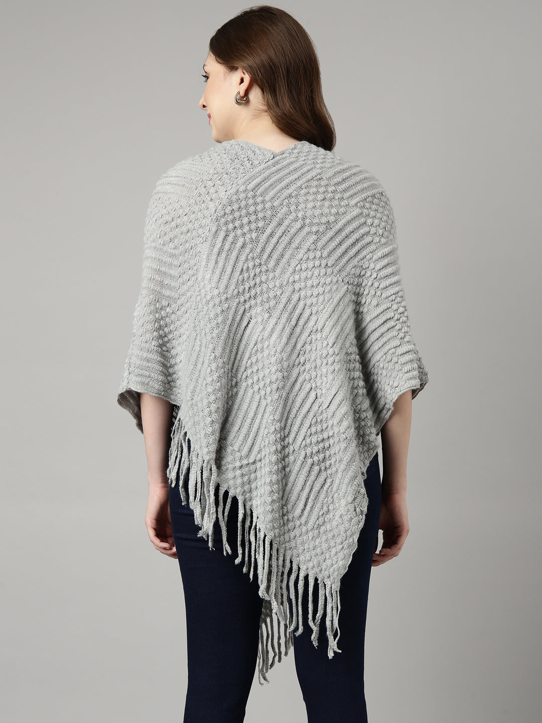 Women Open Knit Grey Longline Poncho