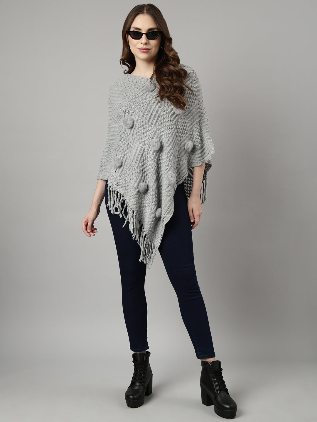 Women Open Knit Grey Longline Poncho