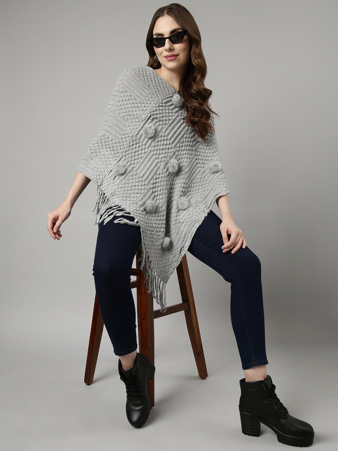 Women Open Knit Grey Longline Poncho