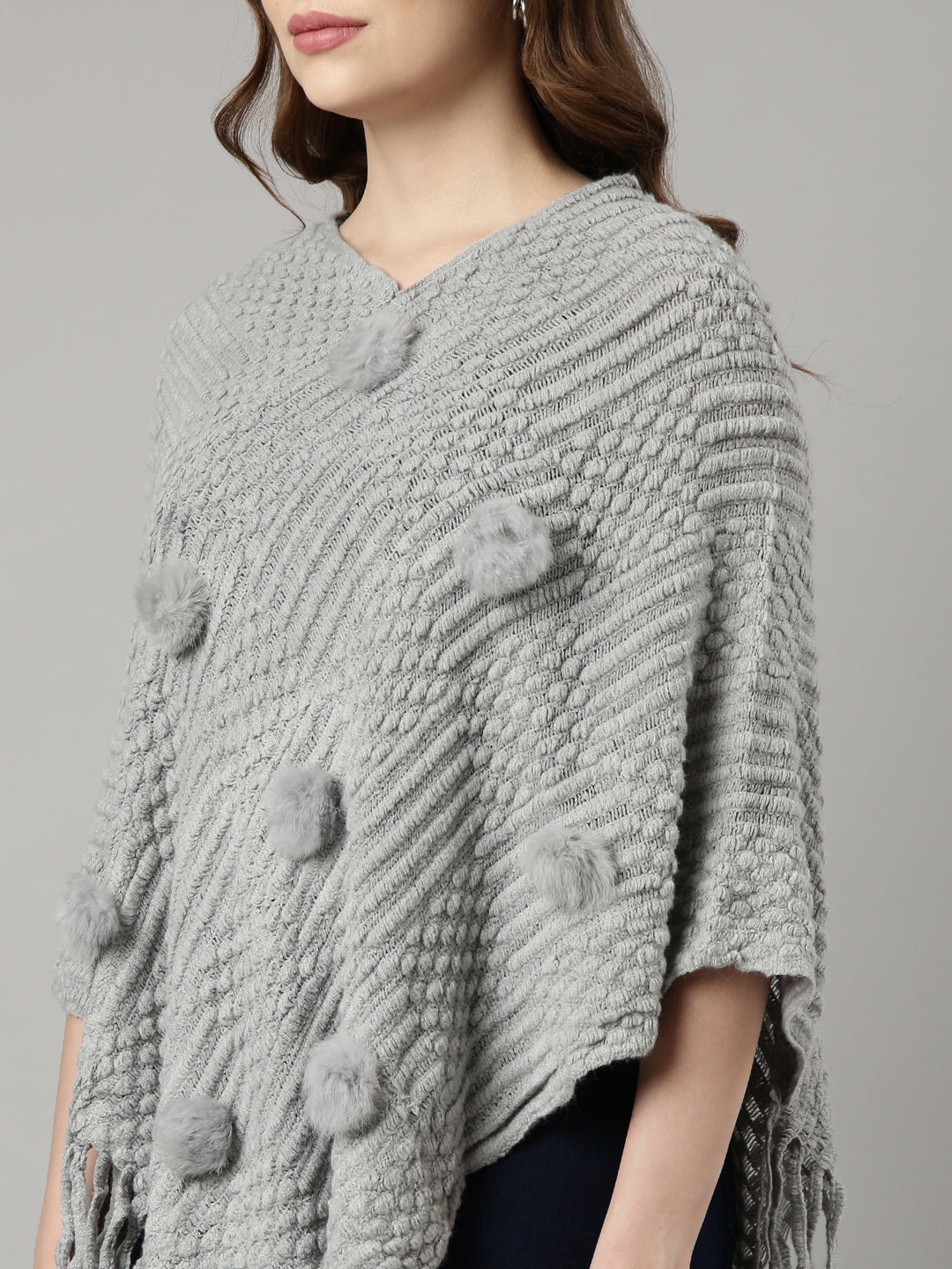 Women Open Knit Grey Longline Poncho