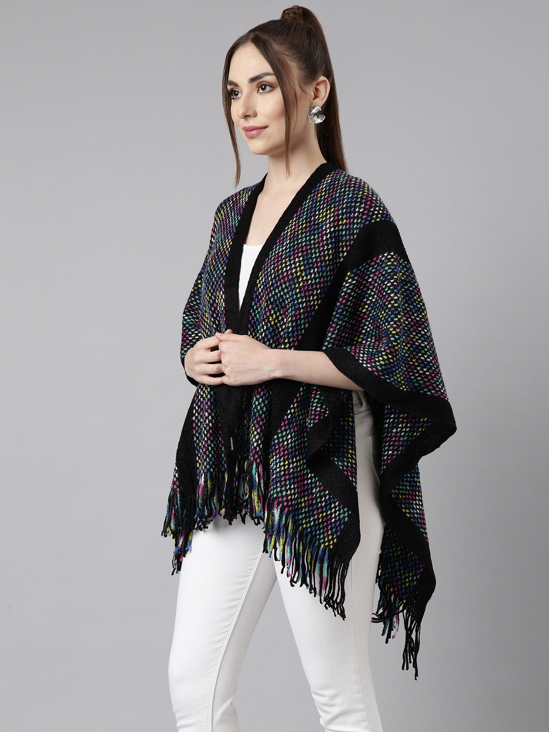 Women Striped Black Longline Poncho