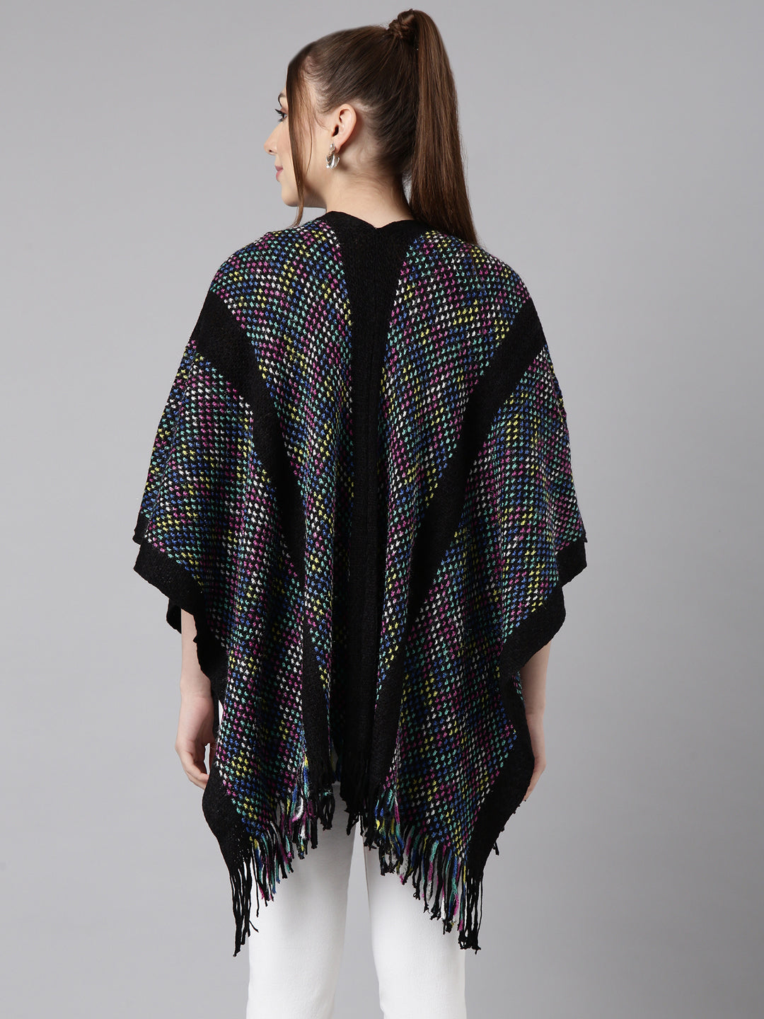 Women Striped Black Longline Poncho