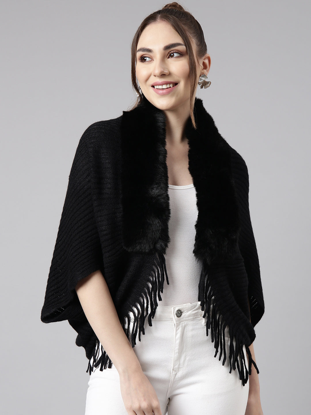 Women Solid Black Regular Poncho