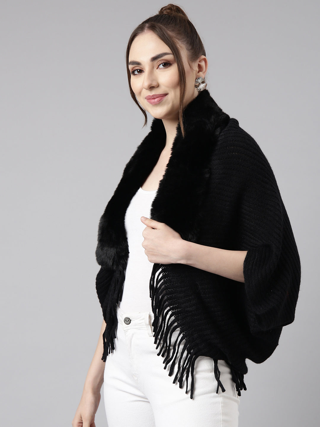 Women Solid Black Regular Poncho