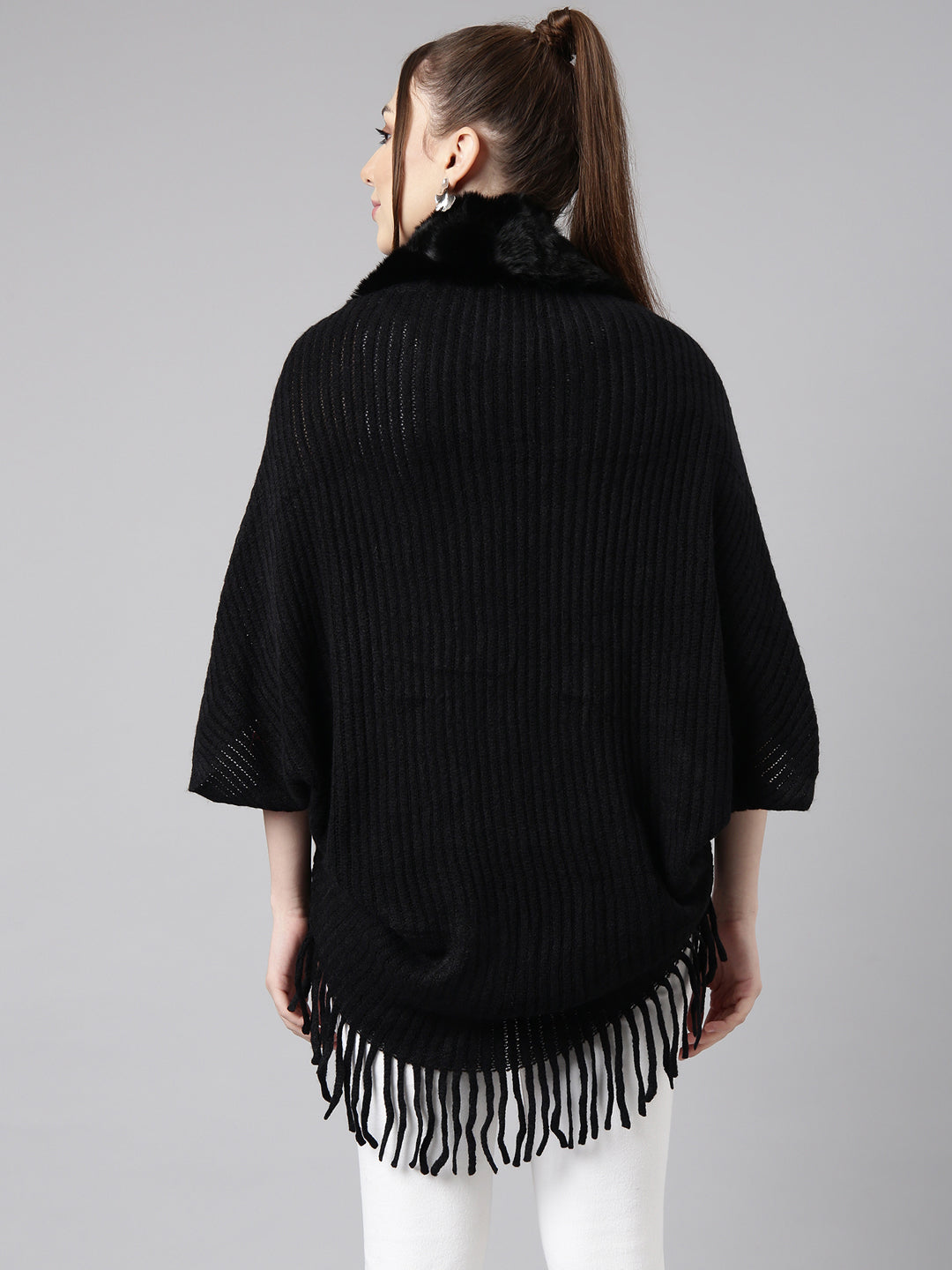 Women Solid Black Regular Poncho