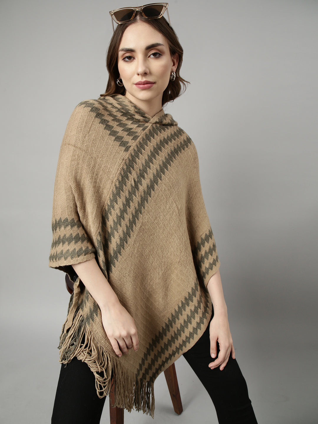 Women Striped Khaki Longline Poncho