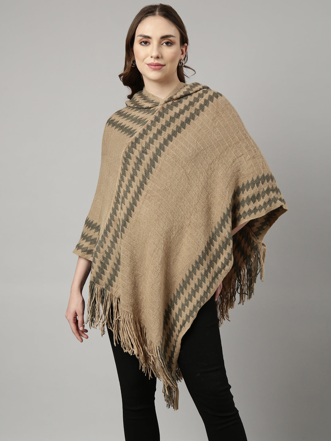 Women Striped Khaki Longline Poncho