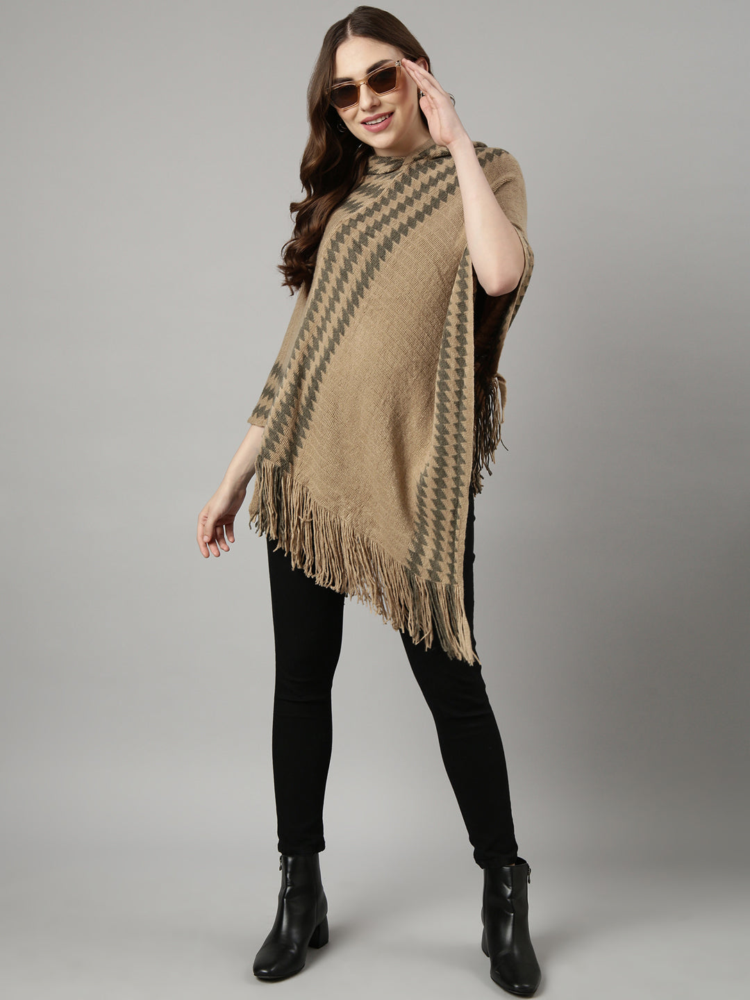 Women Striped Khaki Longline Poncho