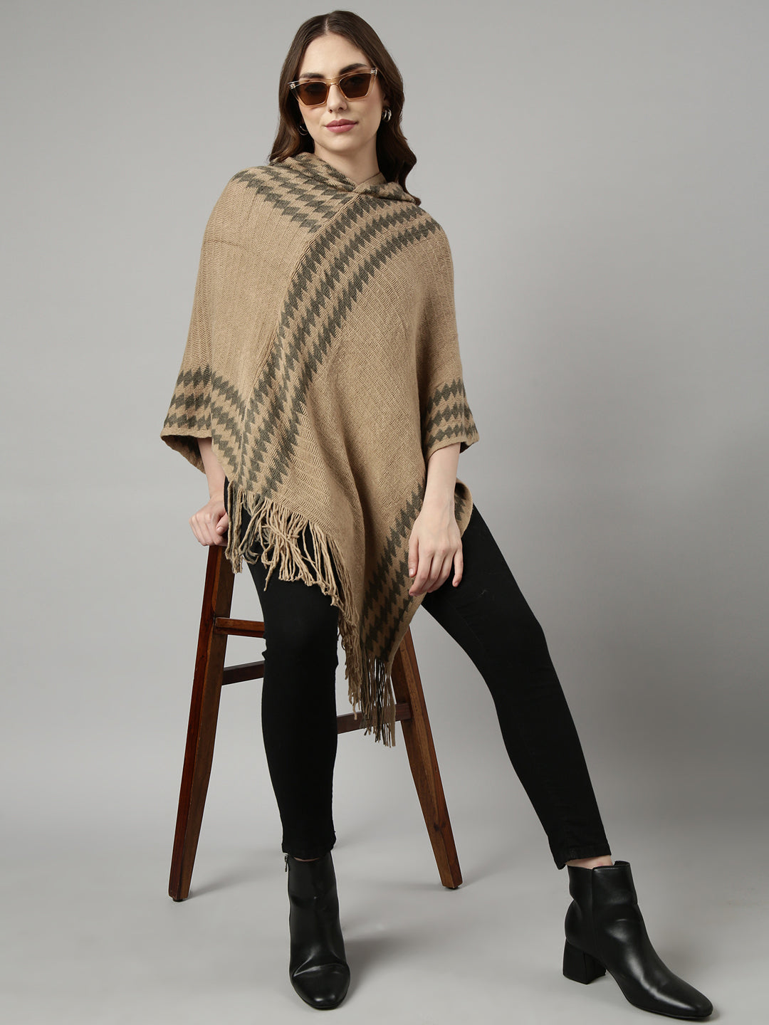 Women Striped Khaki Longline Poncho