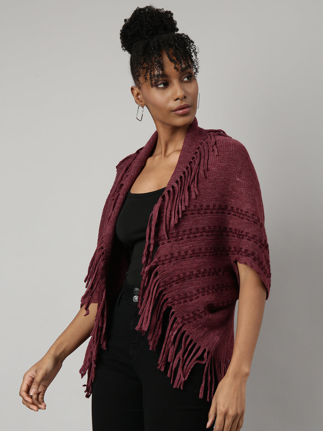 Women Striped Maroon Regular Poncho