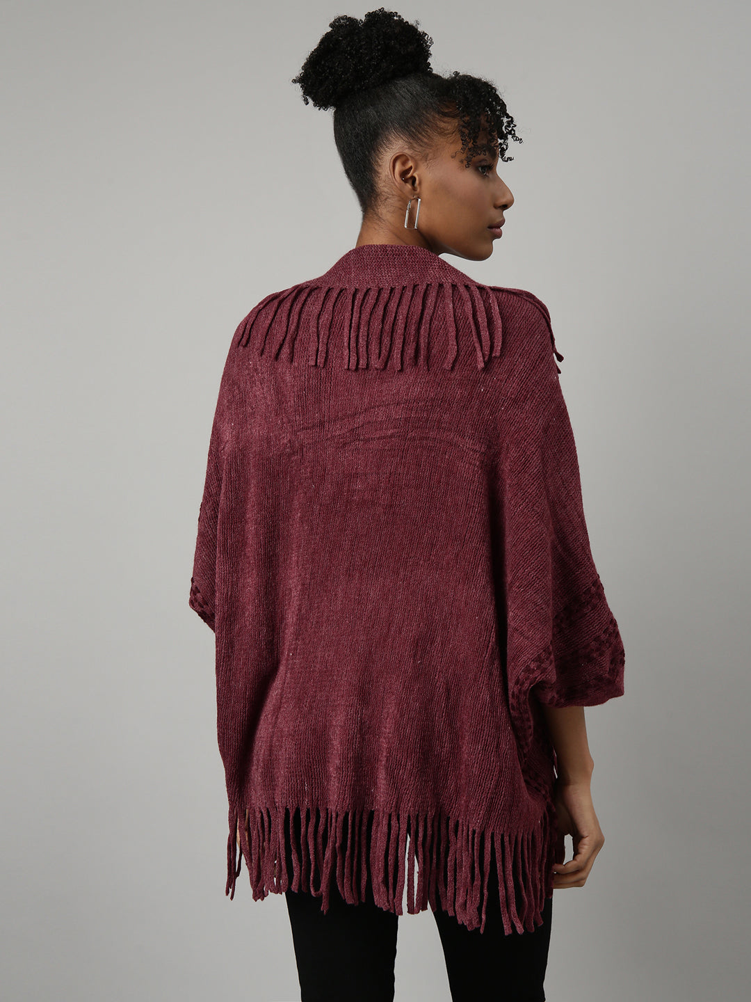 Women Striped Maroon Regular Poncho