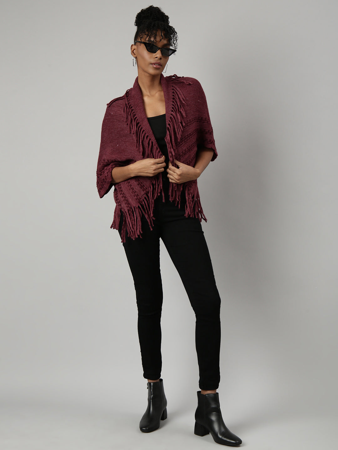 Women Striped Maroon Regular Poncho