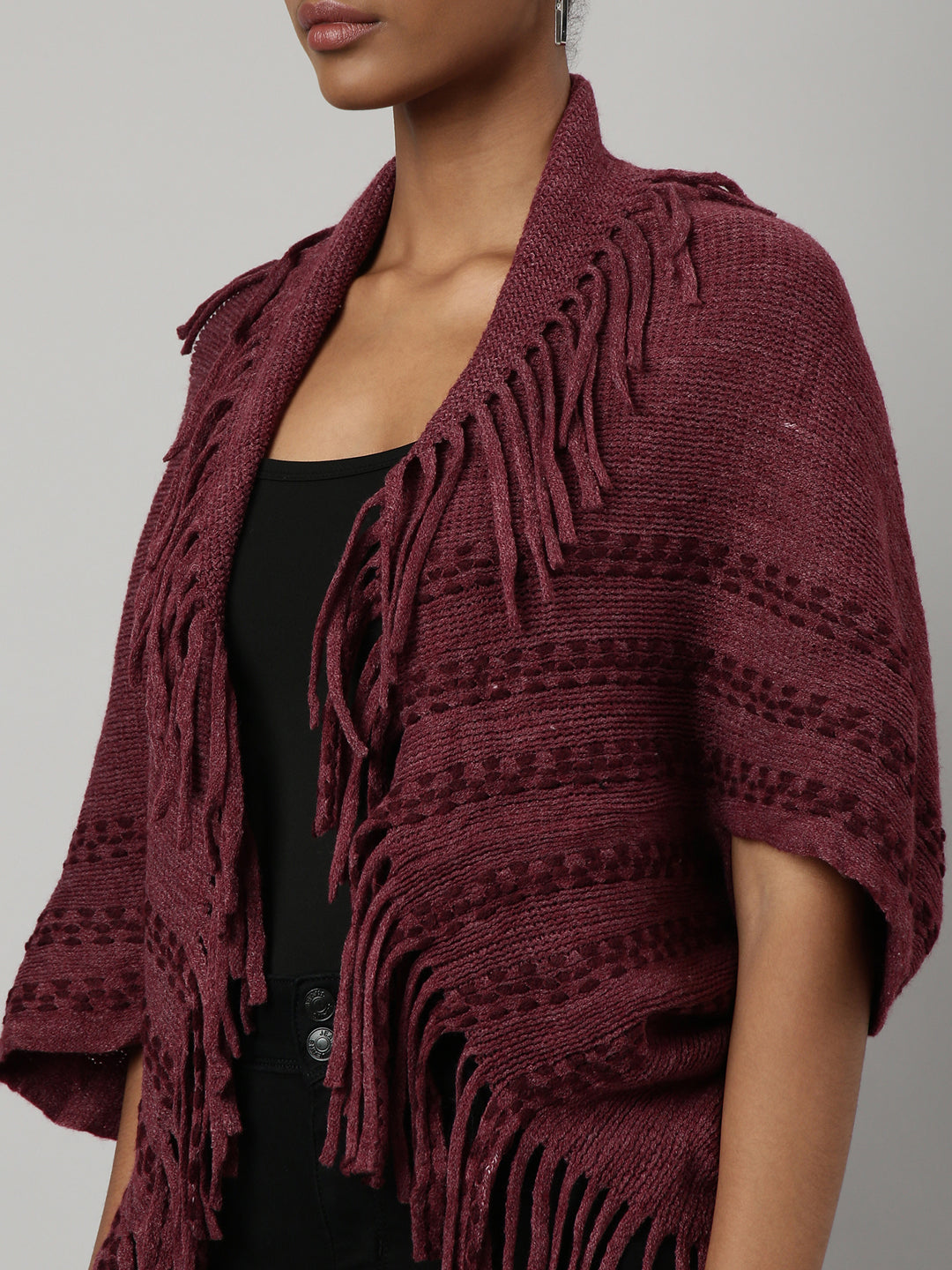 Women Striped Maroon Regular Poncho