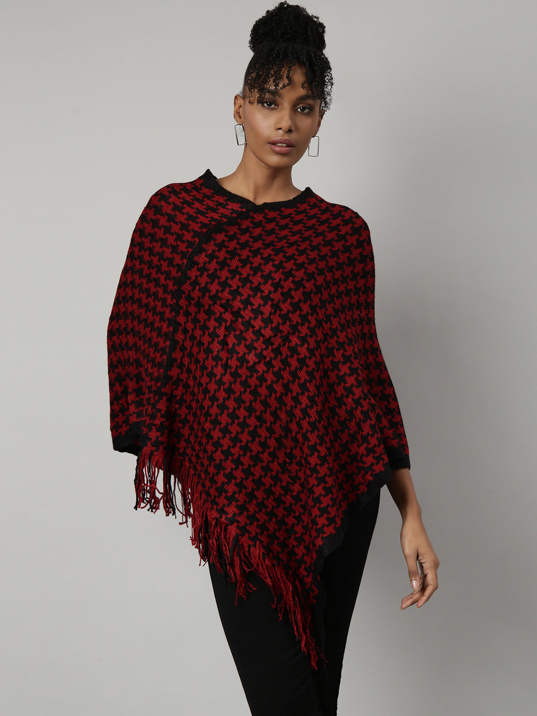 Women Geometric Red Longline Poncho