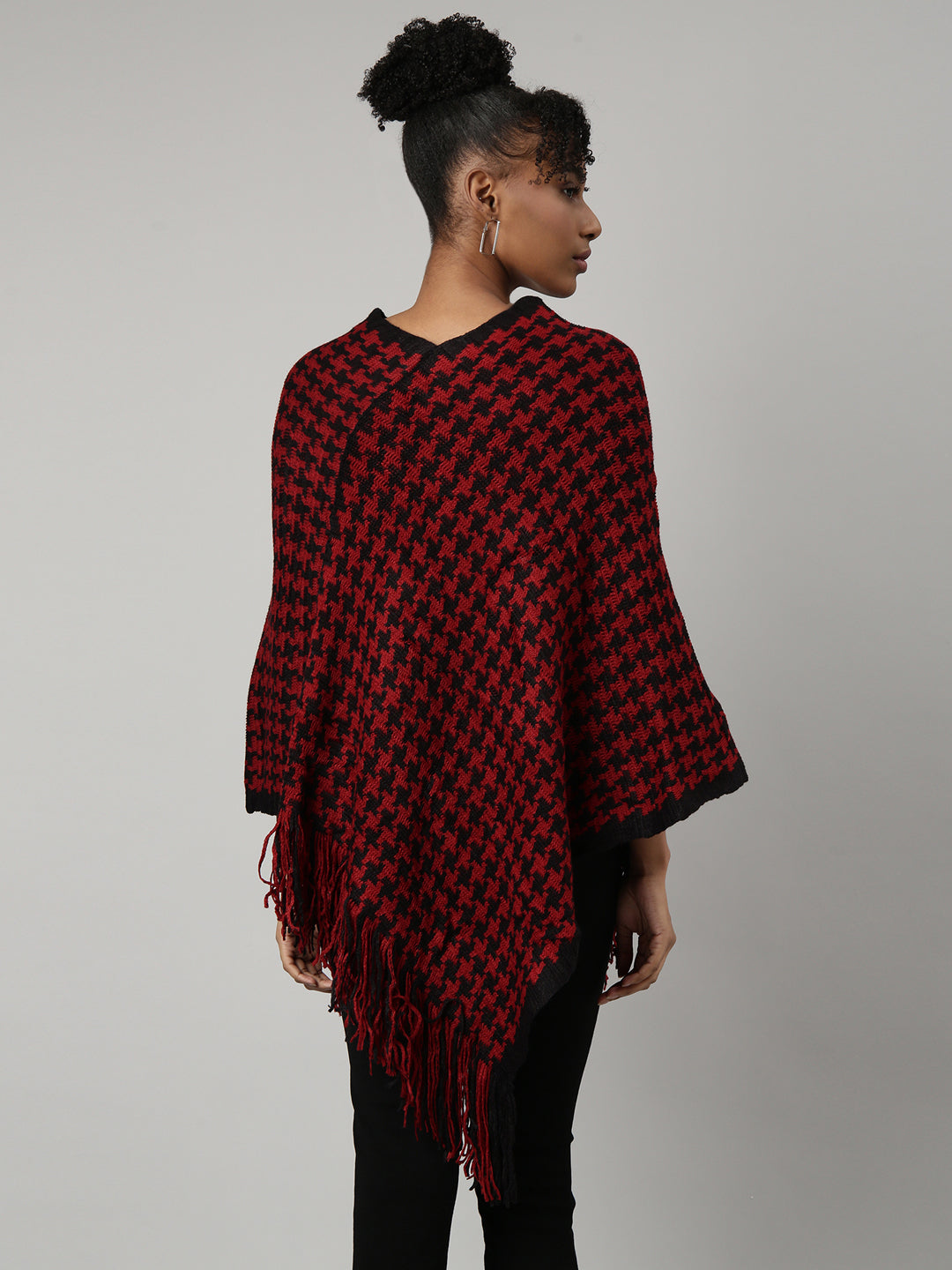 Women Geometric Red Longline Poncho