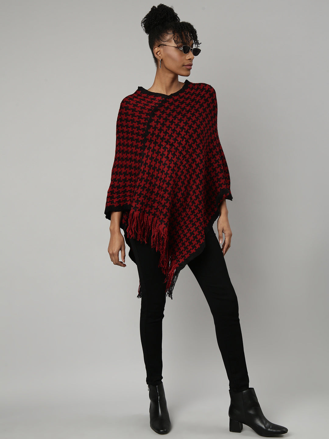 Women Geometric Red Longline Poncho