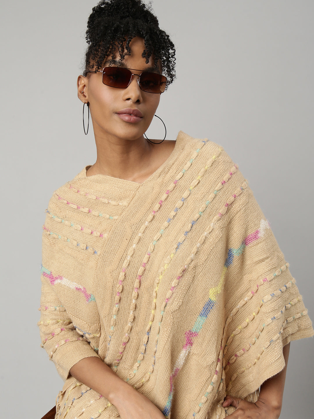 Women Striped Beige Longline Poncho