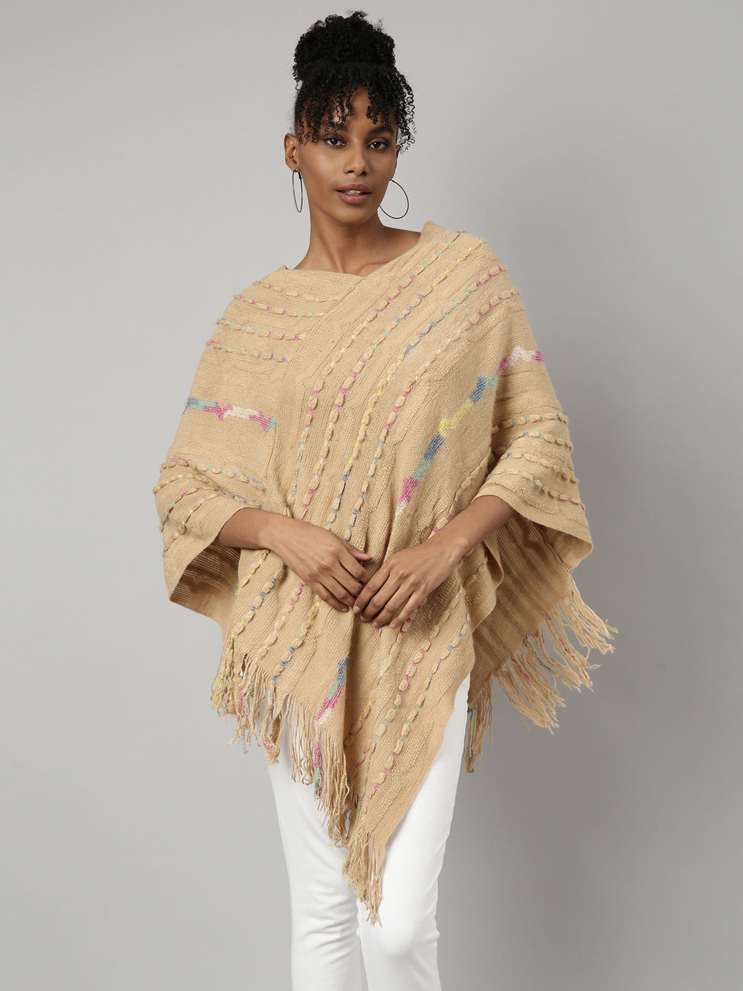 Women Striped Beige Longline Poncho