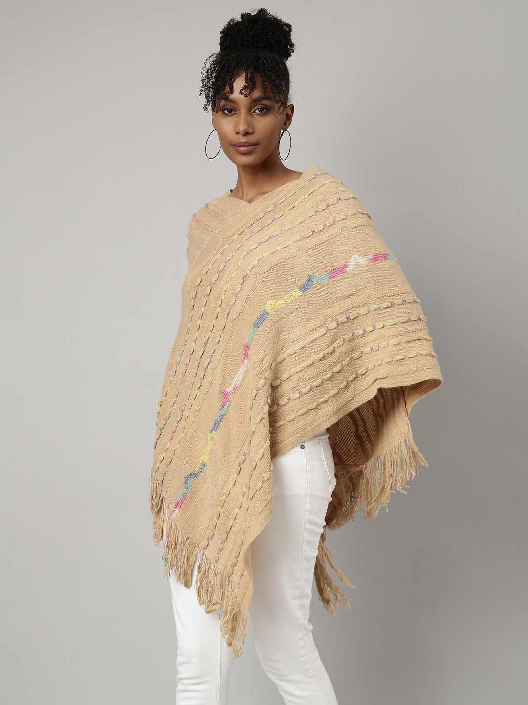 Women Striped Beige Longline Poncho