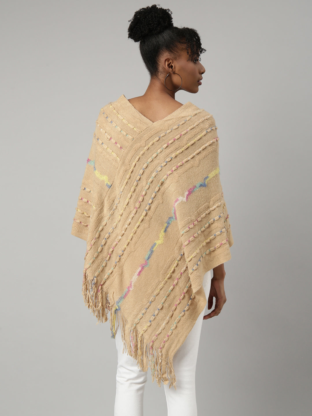 Women Striped Beige Longline Poncho