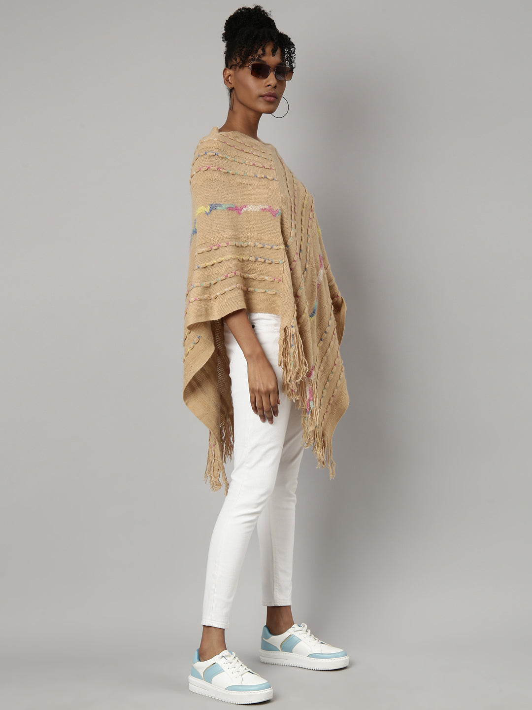 Women Striped Beige Longline Poncho