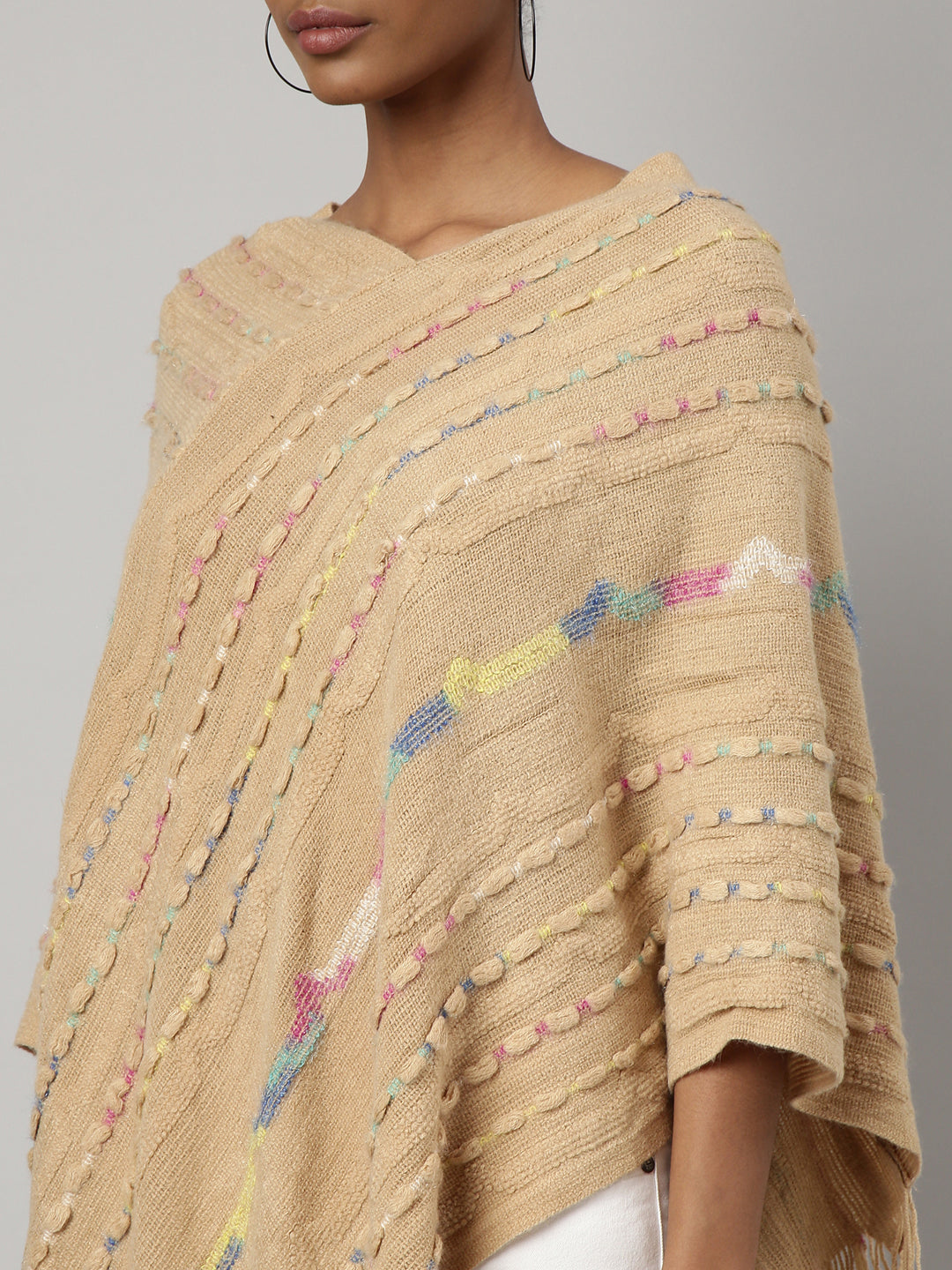 Women Striped Beige Longline Poncho