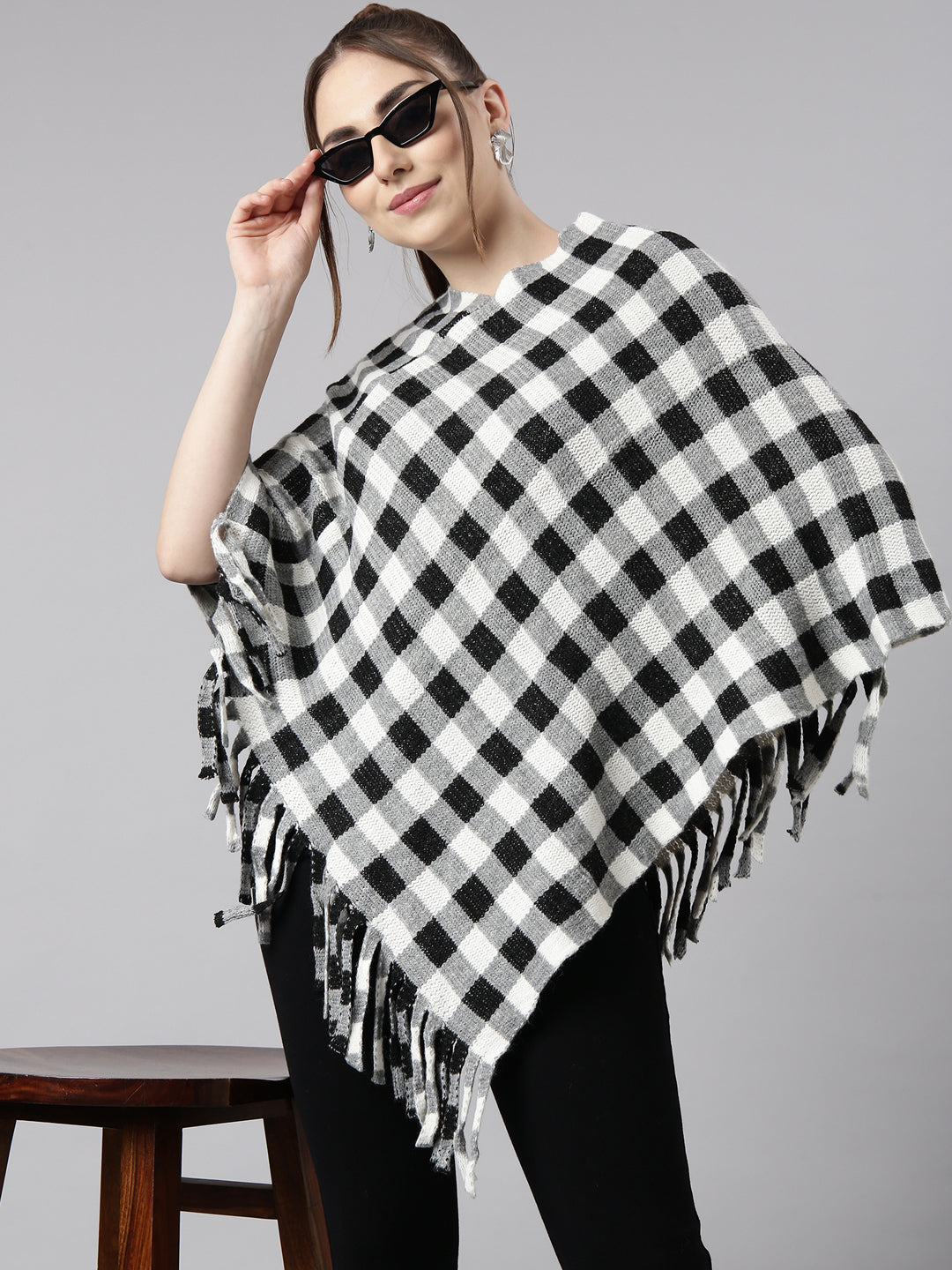 Women Checked Grey Longline Poncho