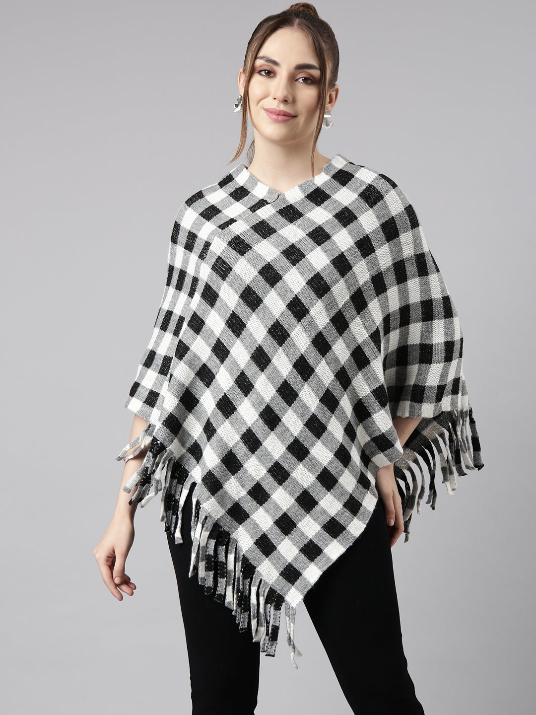 Women Checked Grey Longline Poncho