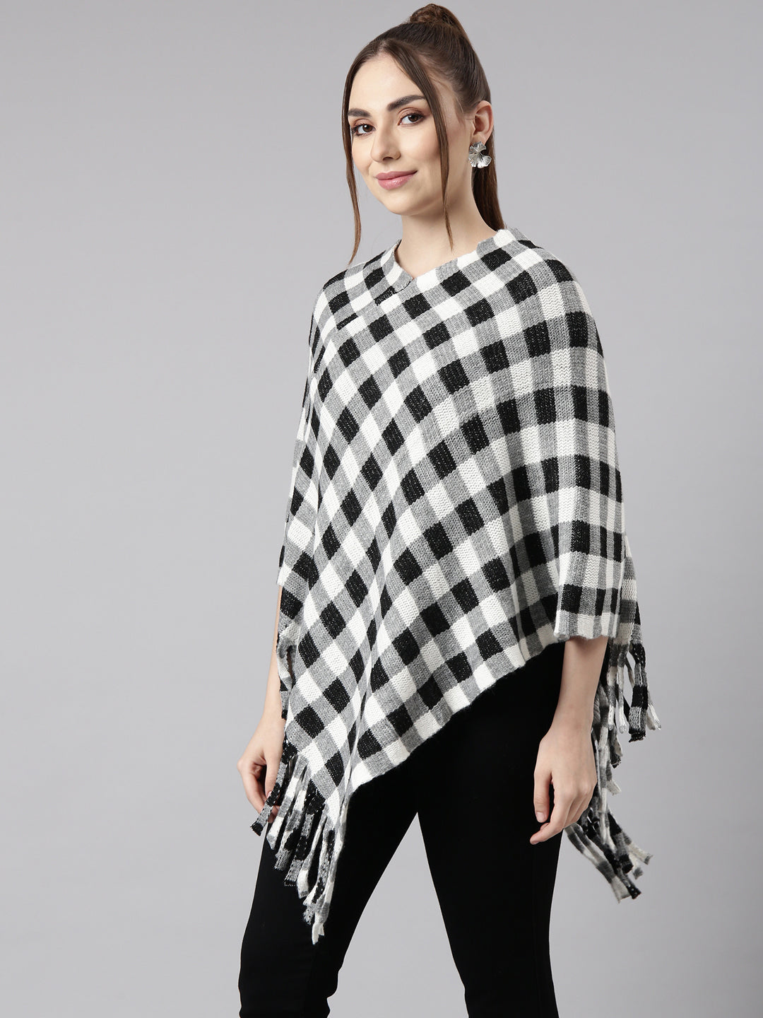 Women Checked Grey Longline Poncho