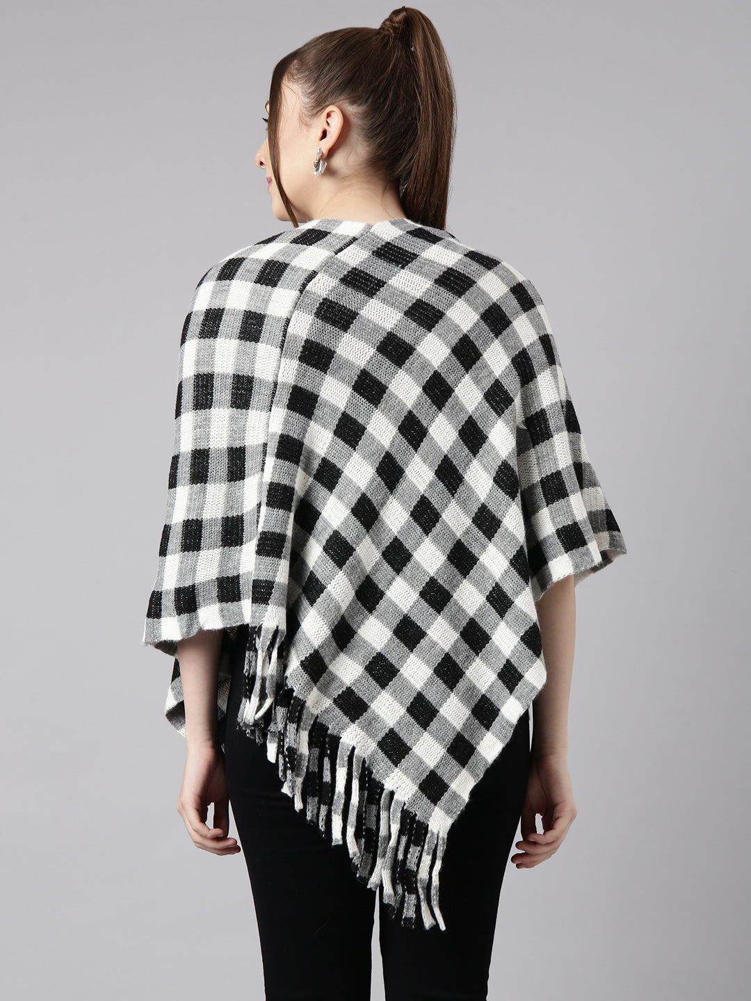 Women Checked Grey Longline Poncho