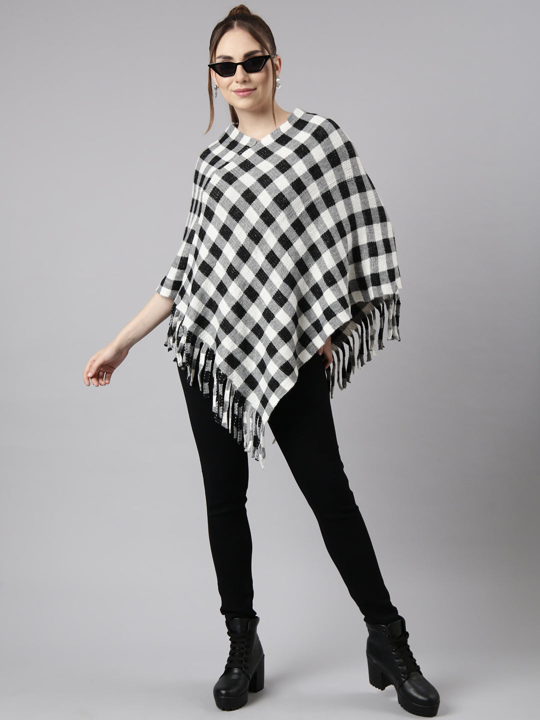 Women Checked Grey Longline Poncho