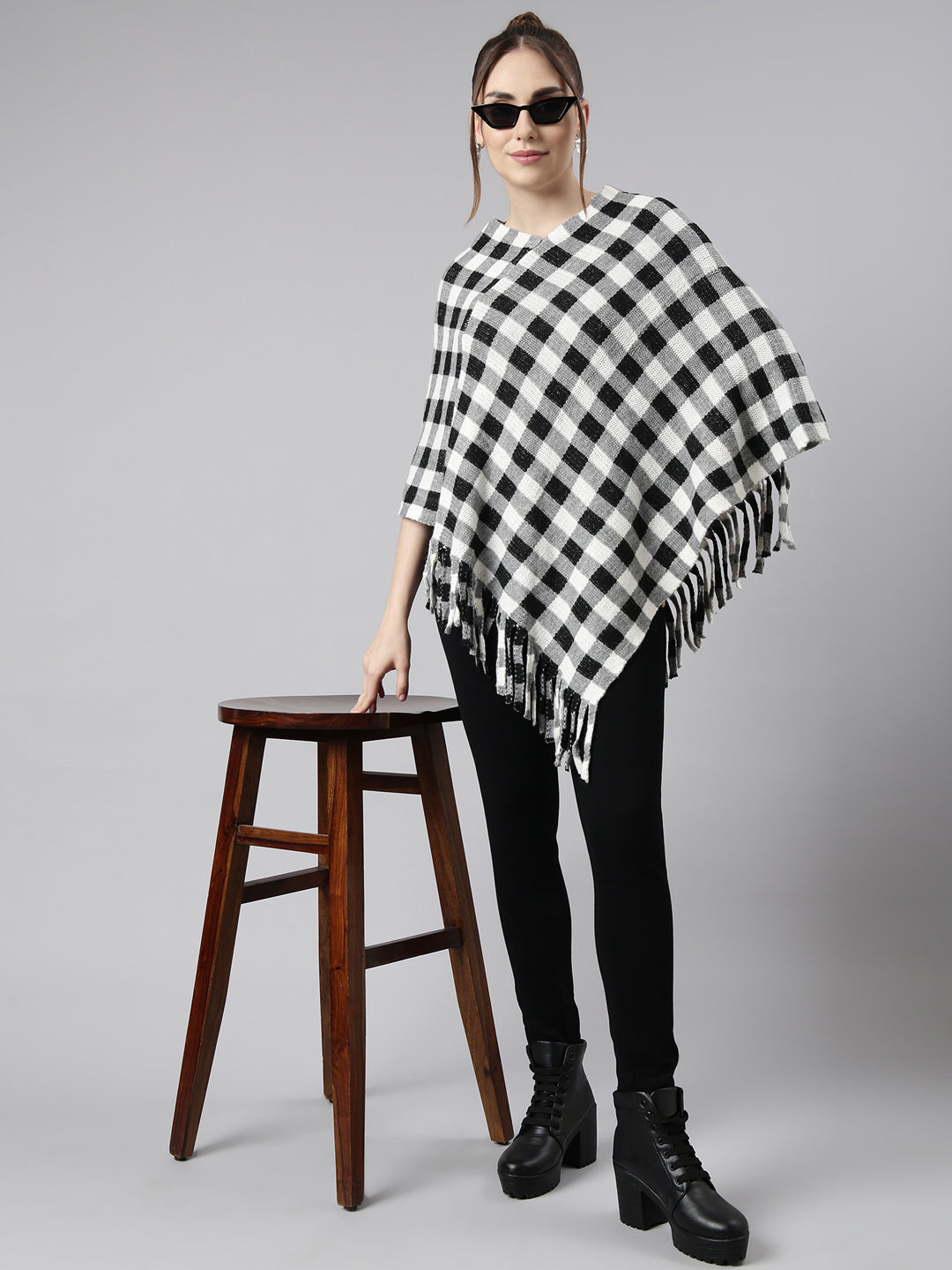 Women Checked Grey Longline Poncho