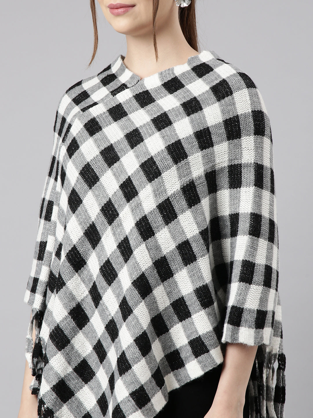 Women Checked Grey Longline Poncho