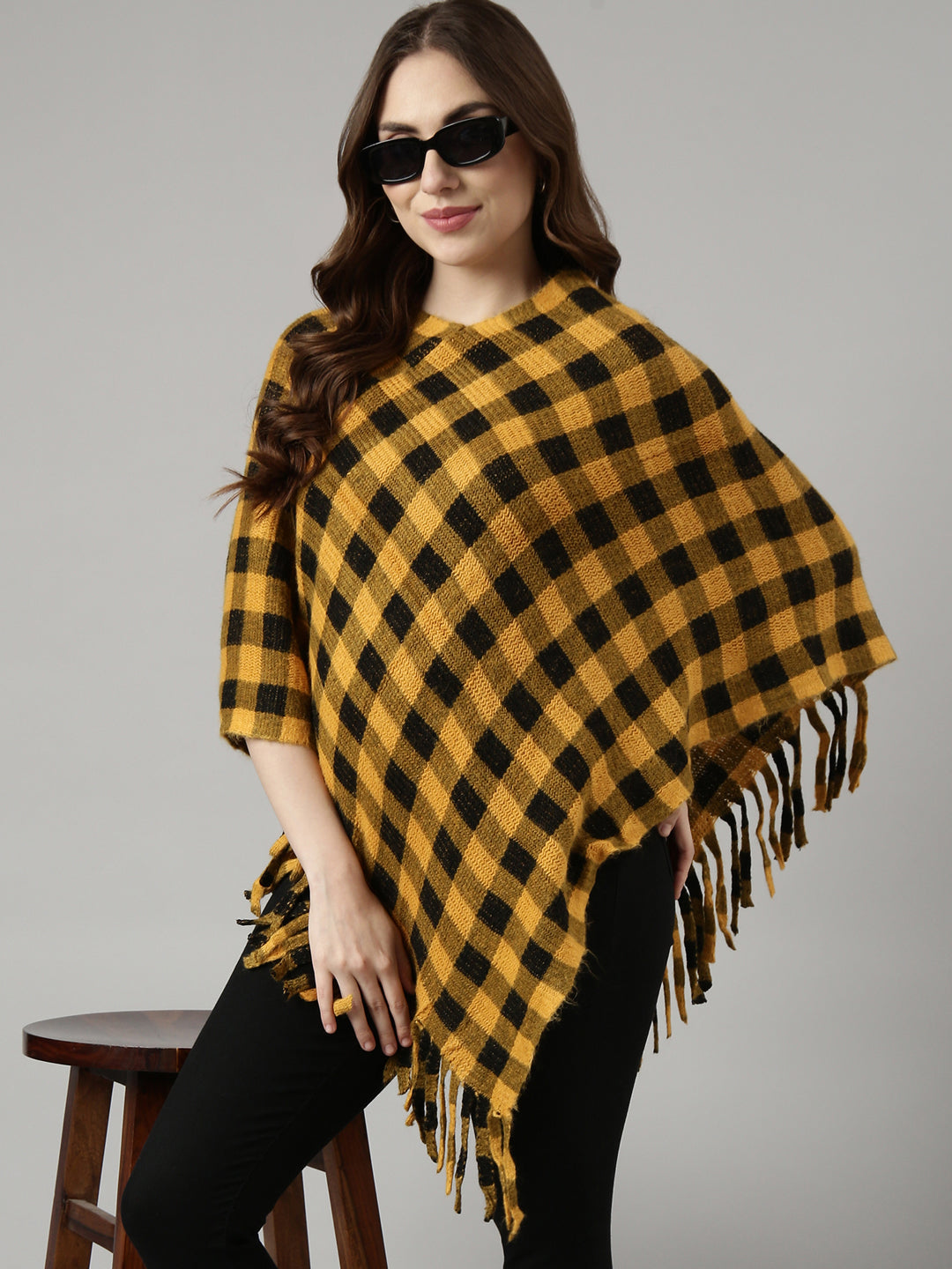 Women Checked Yellow Longline Poncho