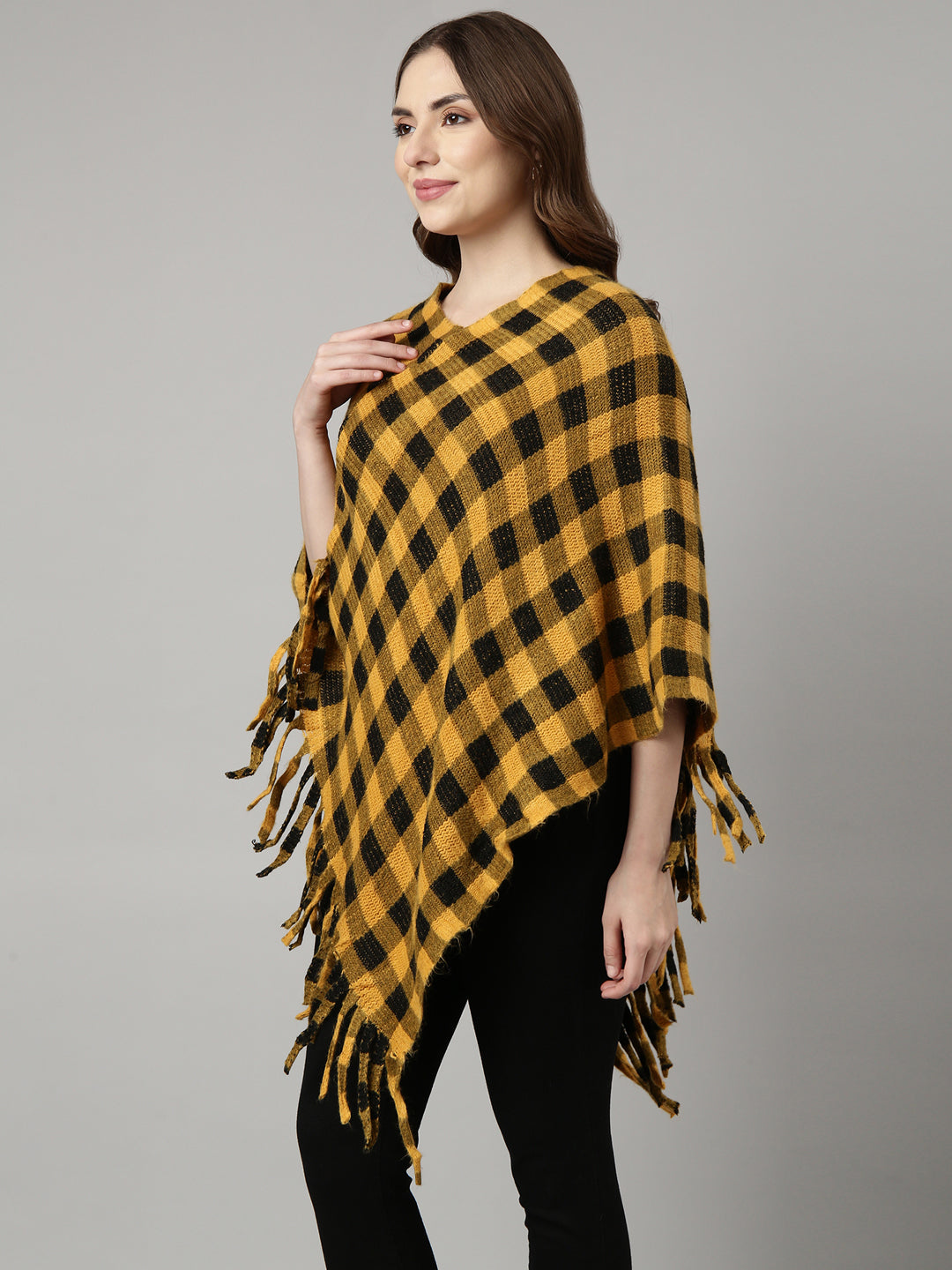 Women Checked Yellow Longline Poncho