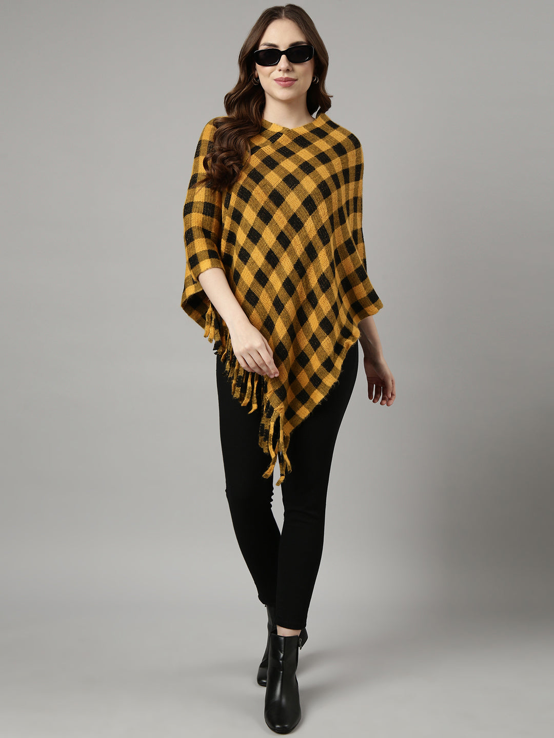 Women Checked Yellow Longline Poncho