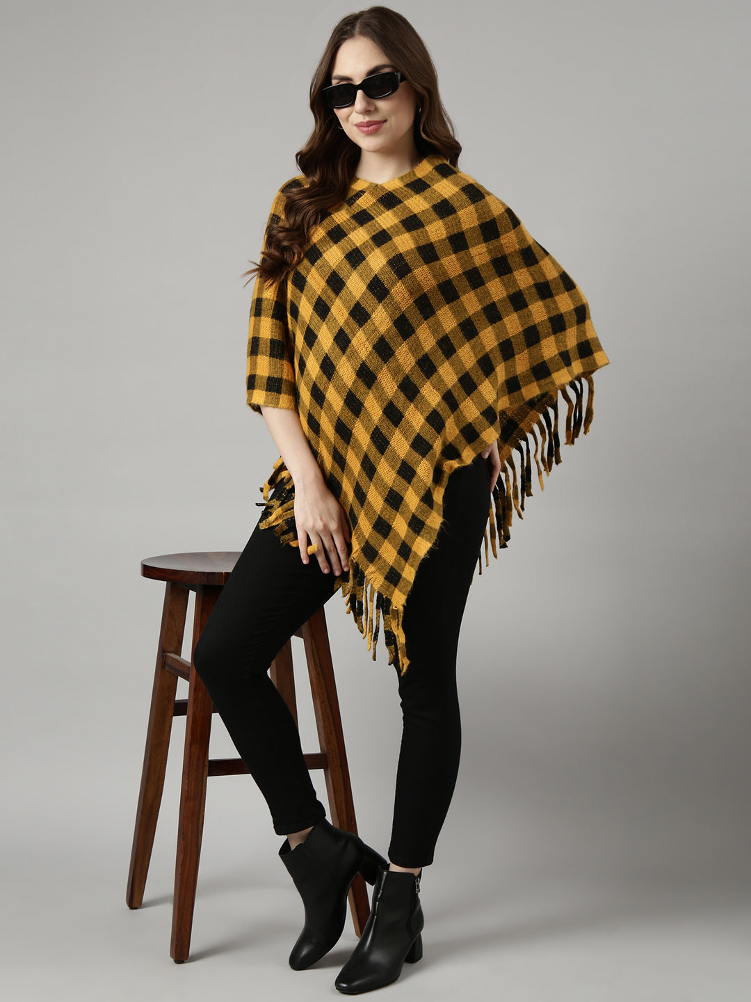 Women Checked Yellow Longline Poncho