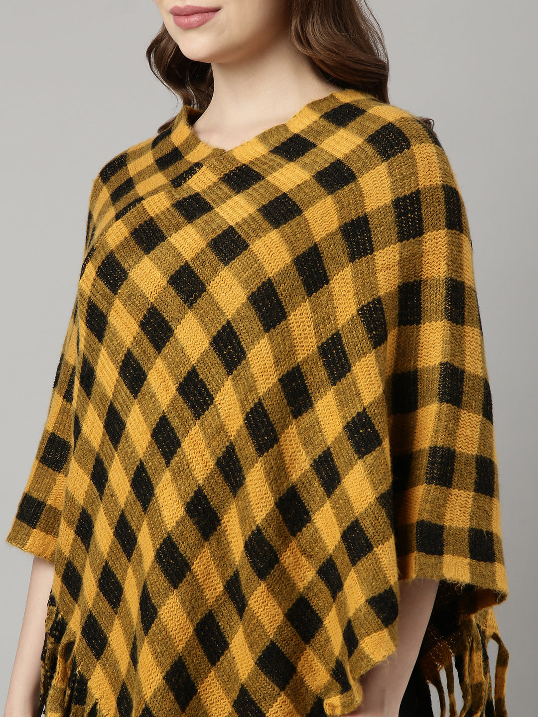 Women Checked Yellow Longline Poncho