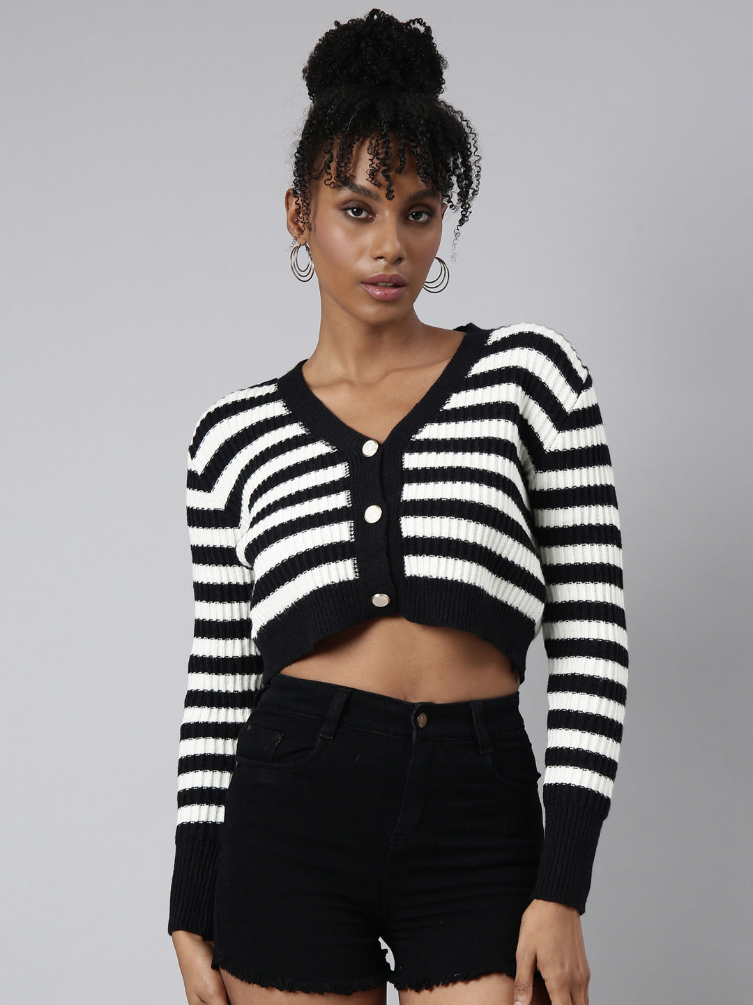 Women Striped Black Crop Cardigan