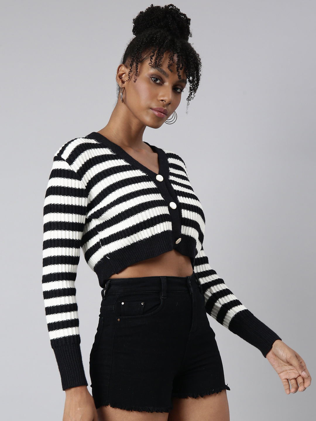 Women Striped Black Crop Cardigan