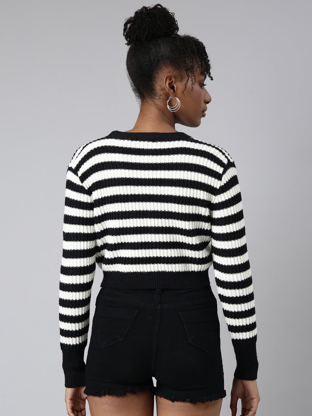 Women Striped Black Crop Cardigan