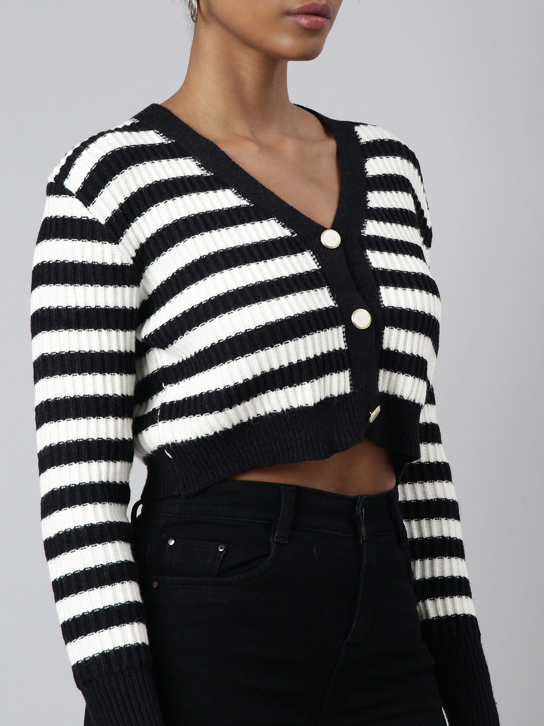 Women Striped Black Crop Cardigan