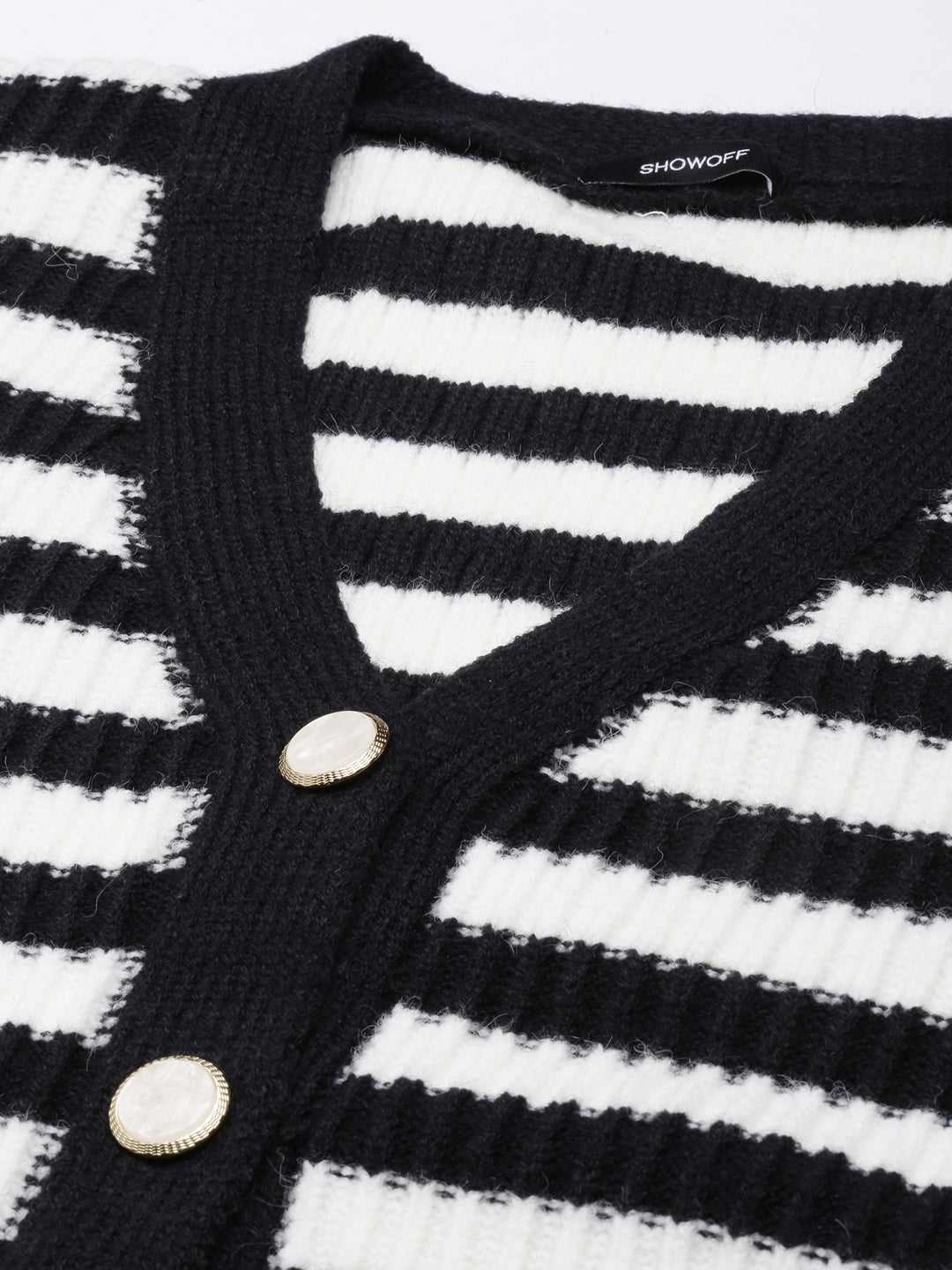 Women Striped Black Crop Cardigan