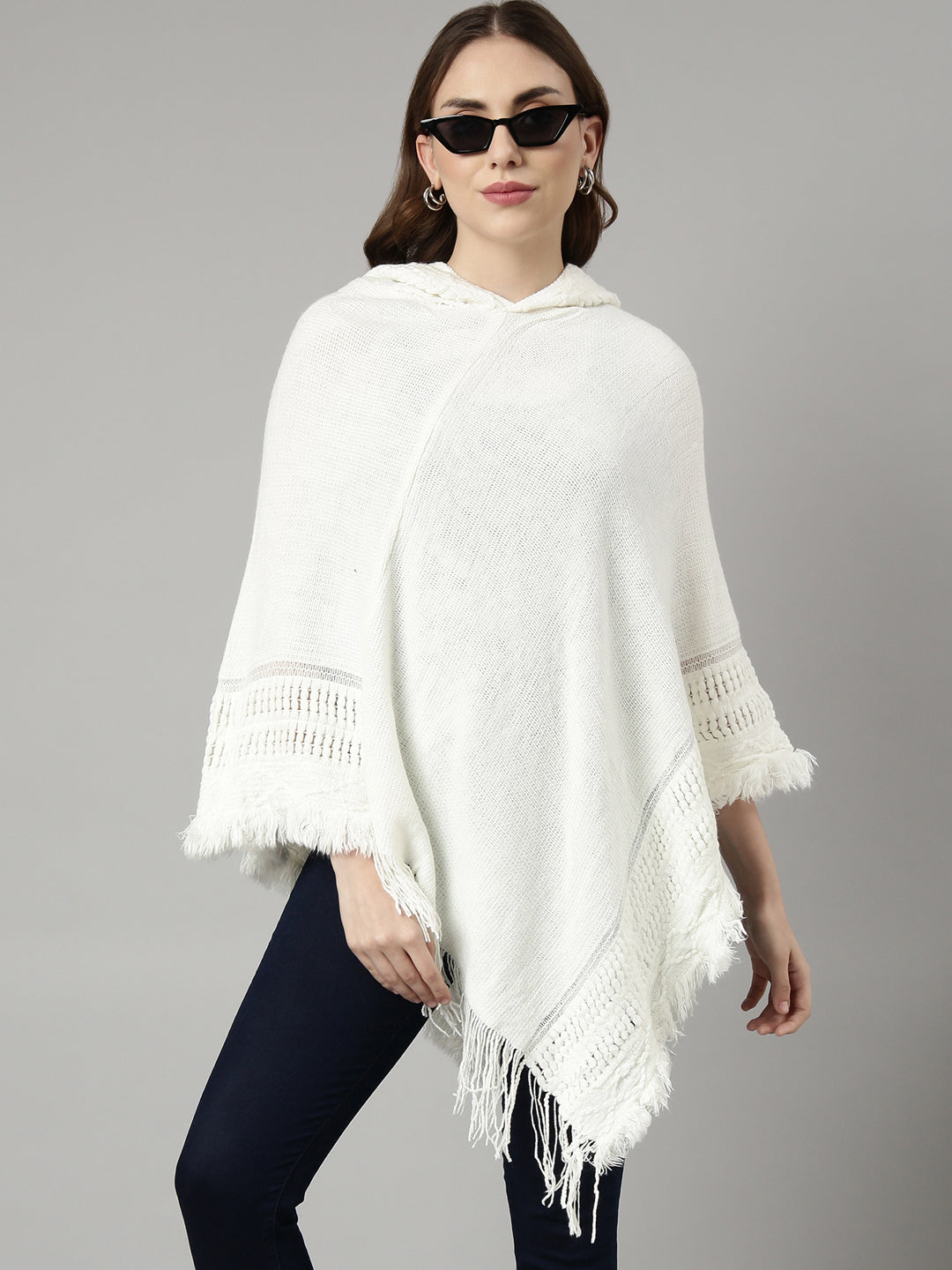 Women Solid Off White Regular Poncho