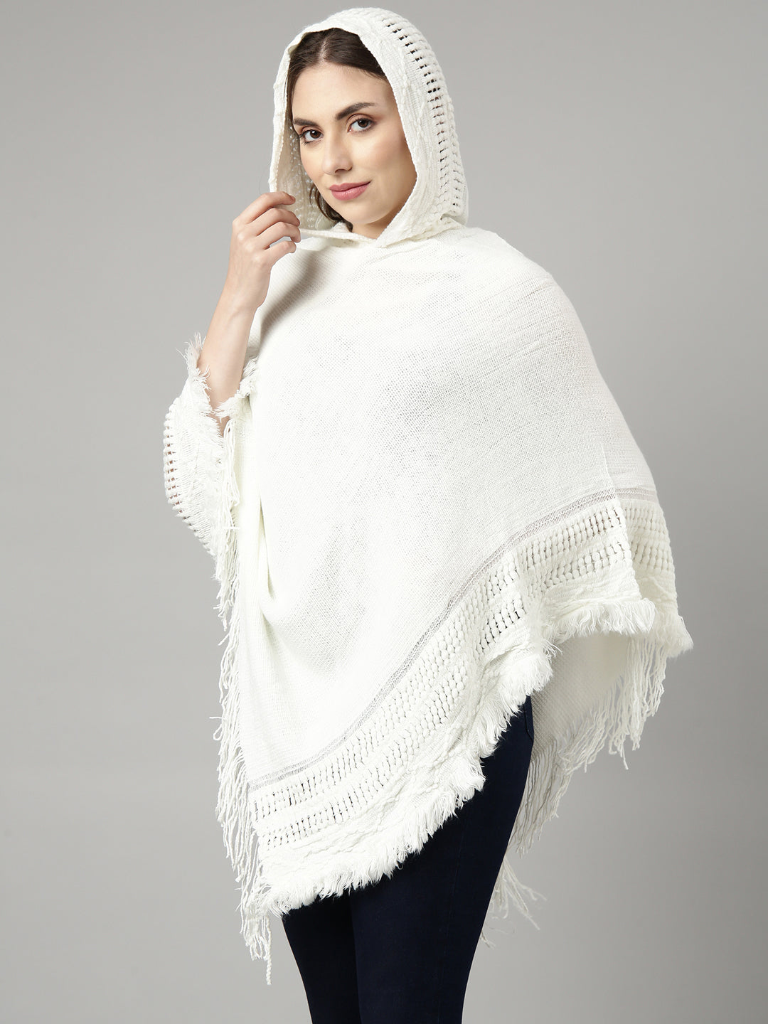 Women Solid Off White Regular Poncho