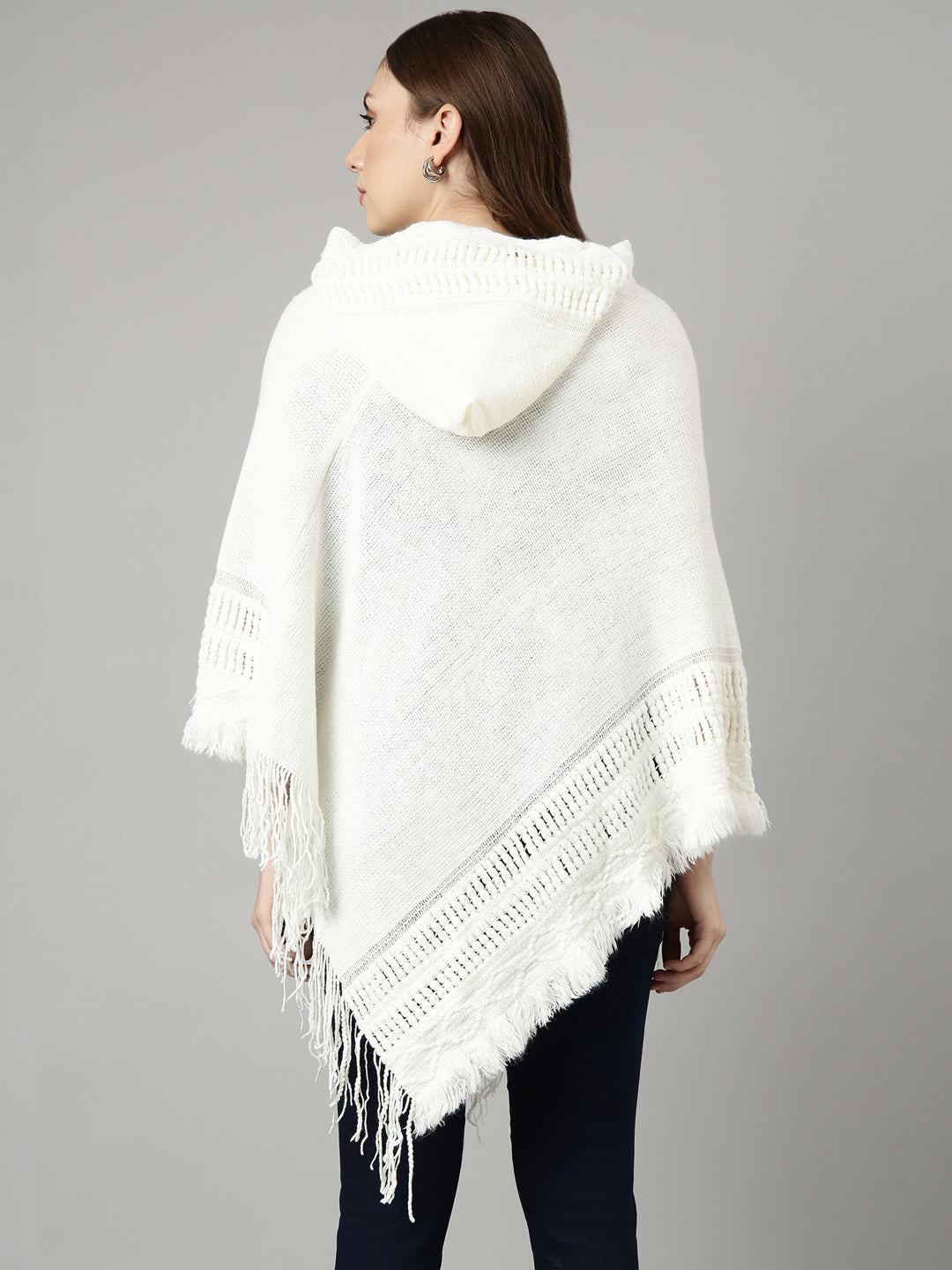 Women Solid Off White Regular Poncho