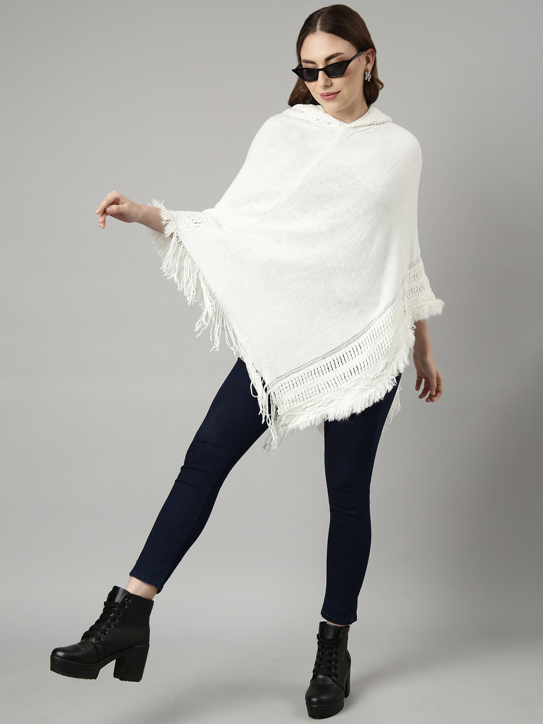 Women Solid Off White Regular Poncho