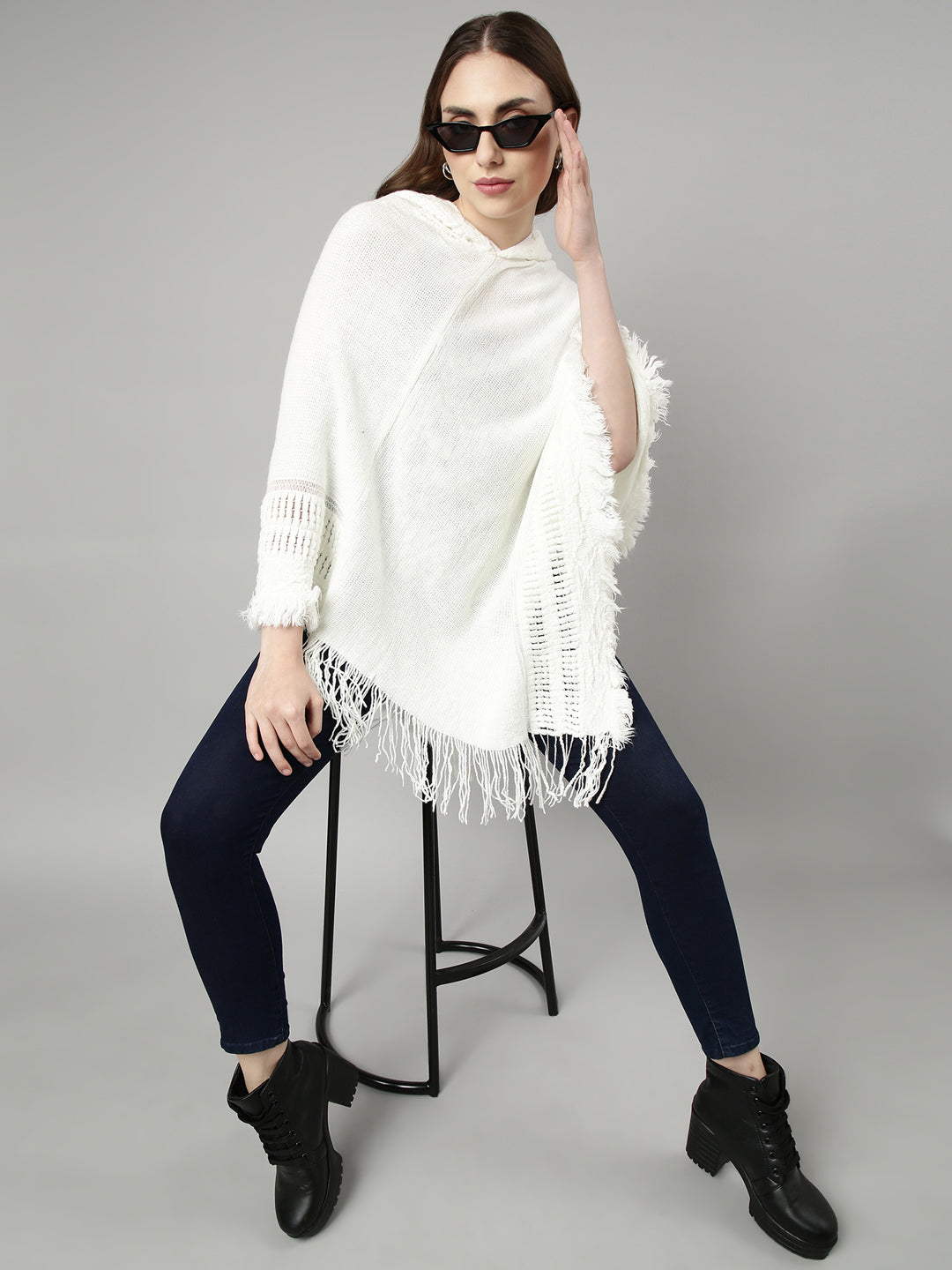 Women Solid Off White Regular Poncho