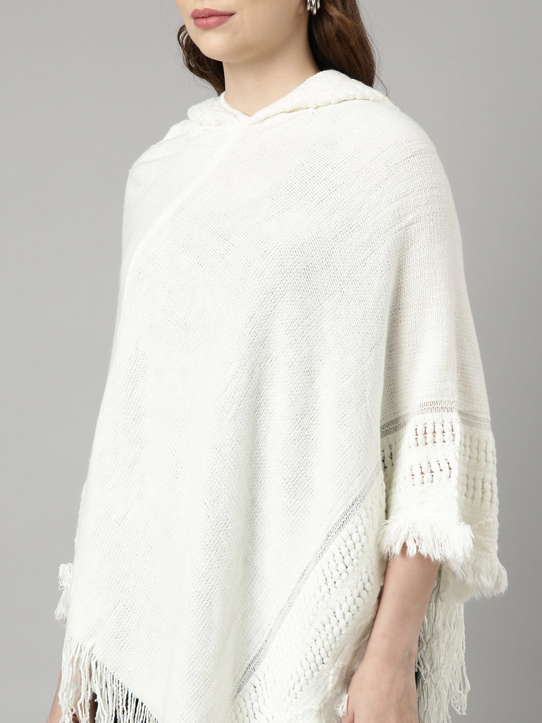 Women Solid Off White Regular Poncho