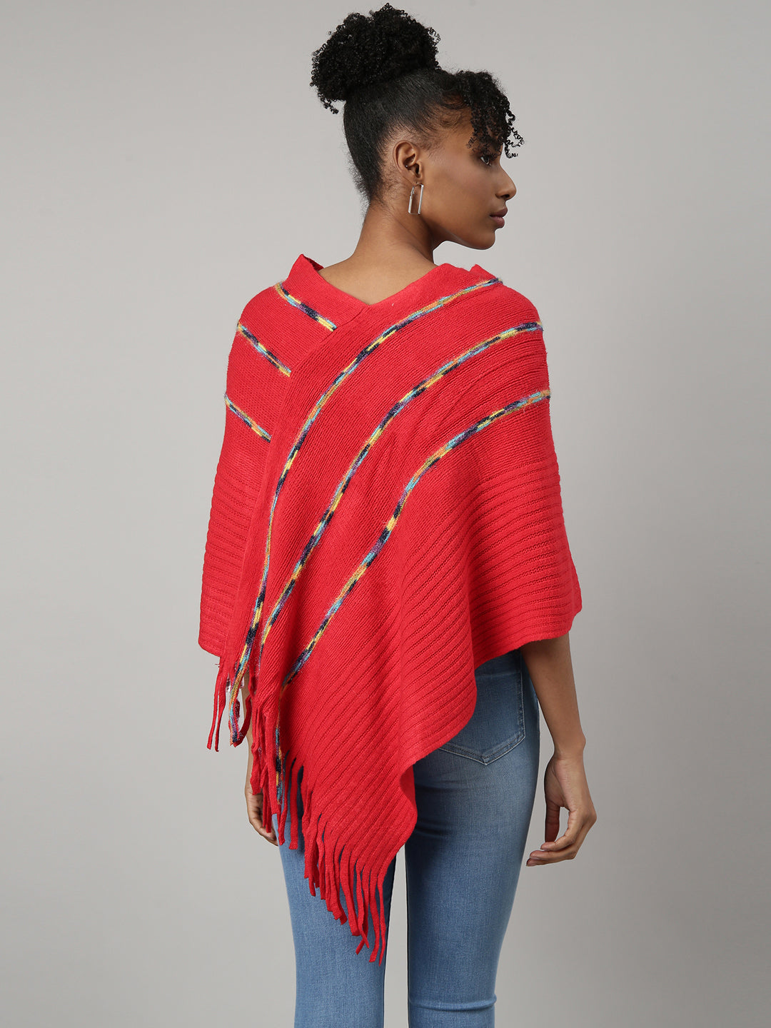 Women Striped Red Longline Poncho